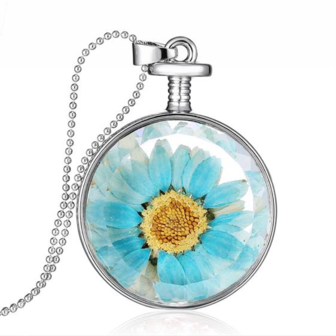 Ketting met echte bloemen - rond, blauw / geel