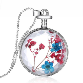 Ketting met echte bloemen - rond, rood / blauw