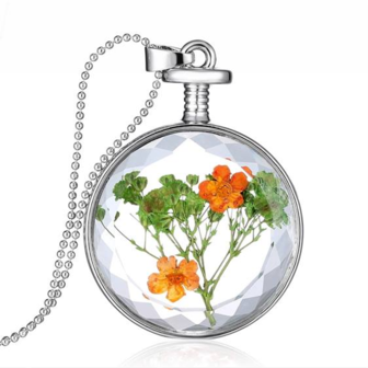 Ketting met echte bloemen - rond, oranje / groen