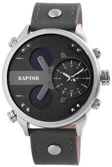 Raptor tripletime XXL horloge met lederen band - grijs