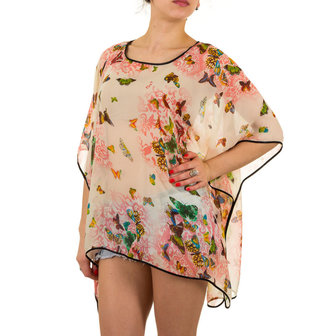 Dames zomer poncho / tuniek met vlinders - roze