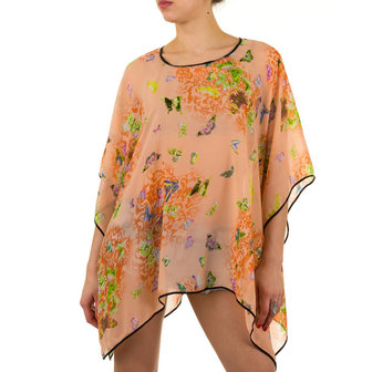 Dames zomer poncho / tuniek met vlinders - oranje / zalm