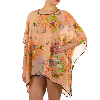 Dames zomer poncho / tuniek met vlinders - oranje / zalm