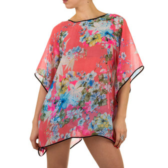 Dames zomer poncho / tuniek met bloemen - koraal / roze