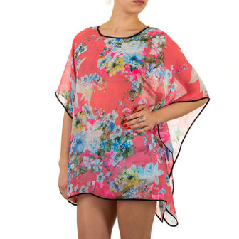 Dames zomer poncho / tuniek met bloemen - koraal / roze