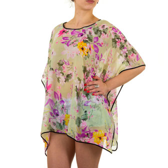 Dames zomer poncho / tuniek met bloemen - groen / paars