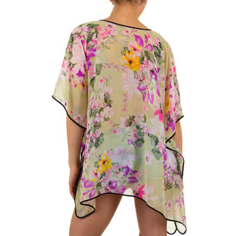 Dames zomer poncho / tuniek met bloemen - groen / paars