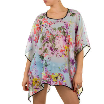 Dames zomer poncho / tuniek met bloemen - blauw