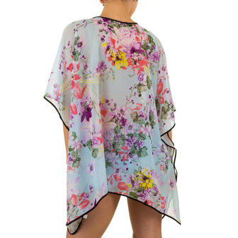 Dames zomer poncho / tuniek met bloemen - blauw