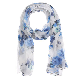 Dames maxi zomersjaal / sjaaltje met bloemen - wit / blauw