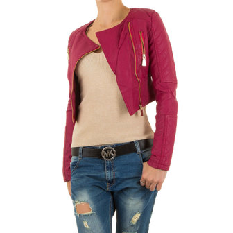 Dames korte biker jas / leatherlook jack - magenta