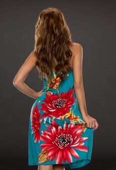 Dames halflange jurk met bloemen - petrol / rood