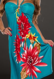 Dames halflange jurk met bloemen - petrol / rood