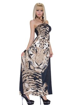 Dames maxi dress / lange jurk met tijger - zwart / bruin