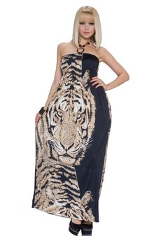 Dames maxi dress / lange jurk met tijger - zwart / bruin