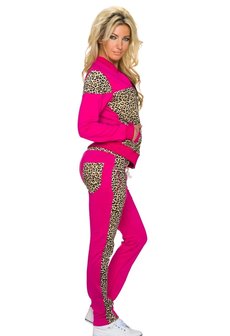 Dames huispak / joggingpak met panterprint - roze