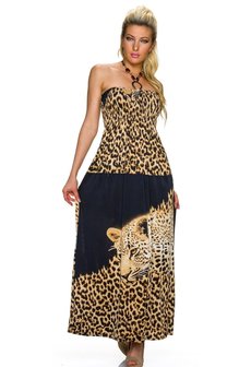 Dames maxi dress / lange jurk met panterprint - bruin / zwart