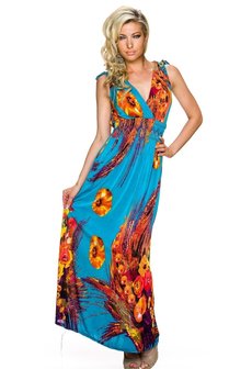 Dames maxi dress / lange jurk met bloemen - blauw