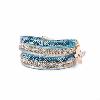Armband / wikkelarmband met slangenprint en strass - blauw