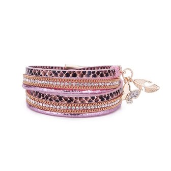 Armband / wikkelarmband met slangenprint en strass - roze