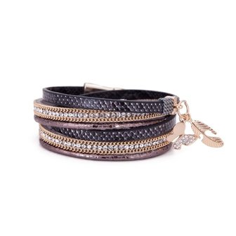 Armband / wikkelarmband met slangenprint en strass - zwart