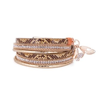 Armband / wikkelarmband met slangenprint en strass - bruin