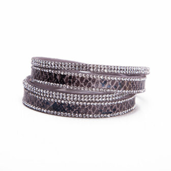 Armband / wikkelarmband met slangenprint en strass - grijs