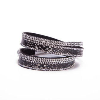 Armband / wikkelarmband met slangenprint en strass - zwart