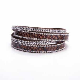 Armband / wikkelarmband met slangenprint en strass - bruin
