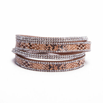 Armband / wikkelarmband met slangenprint en strass - camel