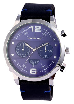 Excellanc XXL horloge met lederen band - blauw