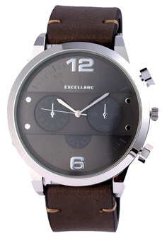 Excellanc XXL horloge met lederen band - donkerbruin / zwart