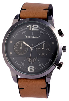 Excellanc XXL horloge met lederen band - bruin / zwart