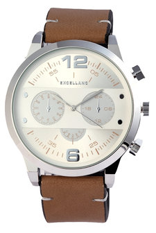 Excellanc XXL horloge met lederen band - bruin / zilver