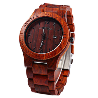Bewell wood watch, echt houten horloge - roodbruin