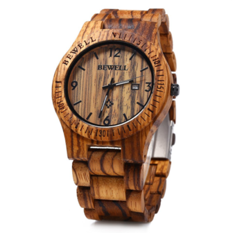 Bewell wood watch, echt houten horloge - bruin