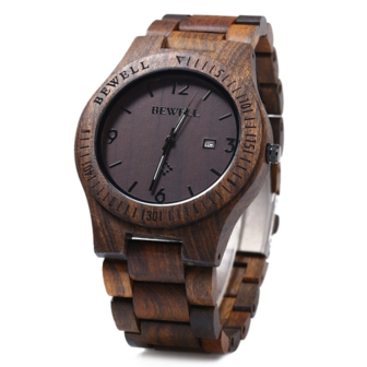 Bewell wood watch, echt houten horloge - donkerbruin