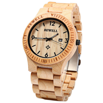 Bewell wood watch, echt houten horloge - lichtbruin