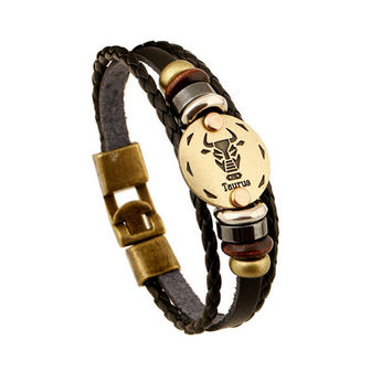 Armband leder / staal met sterrenbeeld - stier