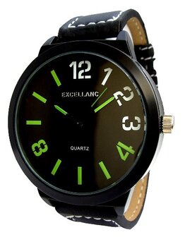 Excellanc XXL horloge met lederen band - zwart / groen