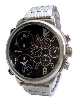 Oulm dualtime XXL horloge met stalen band - zilver / zwart