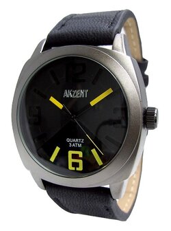 Akzent XXL horloge met lederen band - zwart / geel
