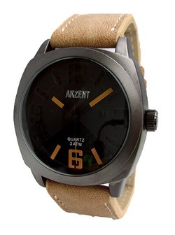 Akzent XXL horloge met lederen band - camel / zwart