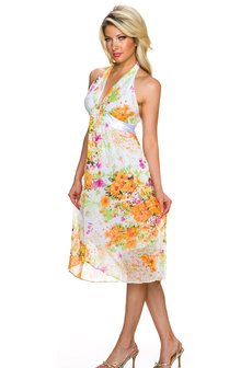 Dames halflange jurk met bloemen - oranje / roze