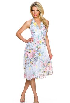 Dames halflange jurk met bloemen - roze / groen