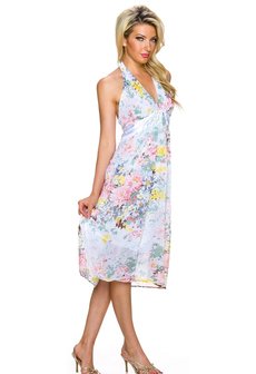 Dames halflange jurk met bloemen - roze / groen