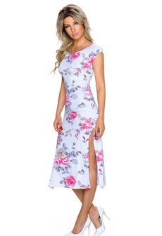Dames halflange jurk met bloemen - wit / roze