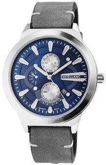 Excellanc XXL horloge met lederen band - grijs / blauw