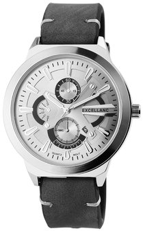 Excellanc XXL horloge met lederen band - grijs / zilver