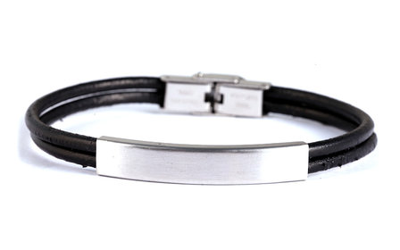 Armband leder / staal - zwart